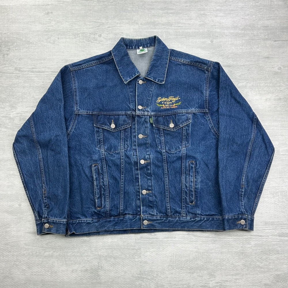 Vintage 90s Senor Frogs Denim Jacket Size 40 Blue Cigars Trucker Button Up Patch